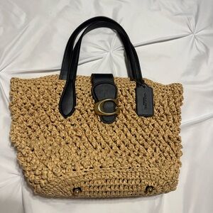 Authentic Coach Woven Tote w/Black Leather Handles and Gold tone hardware